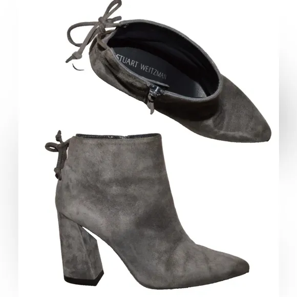 STUART WEITZMAN SZ 38 7.5 M GRAY SUEDE LEATHER BLOCK HEEL TIE BACK BOOTS BOOTIES