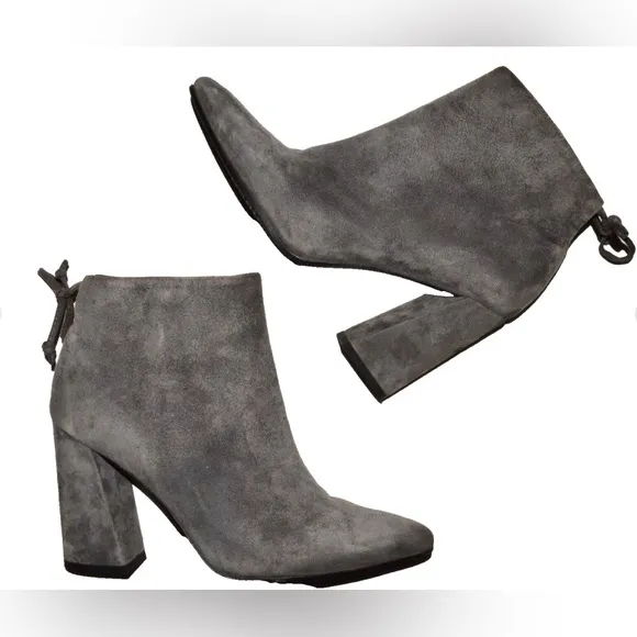 STUART WEITZMAN SZ 38 7.5 M GRAY SUEDE LEATHER BLOCK HEEL TIE BACK BOOTS BOOTIES