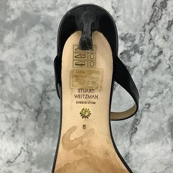 Stuart Weitzman Sz 8 Black Aleena 75 Patent Leather Stiletto Heel Sandals P23-11