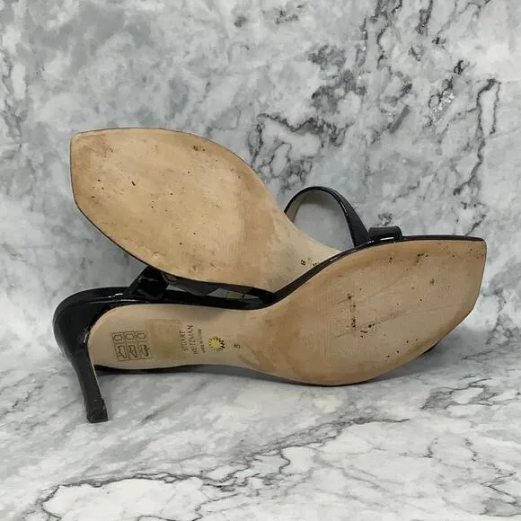 Stuart Weitzman Sz 8 Black Aleena 75 Patent Leather Stiletto Heel Sandals P23-11