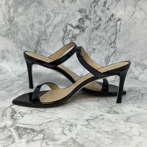 Stuart Weitzman Sz 8 Black Aleena 75 Patent Leather Stiletto Heel Sandals P23-11