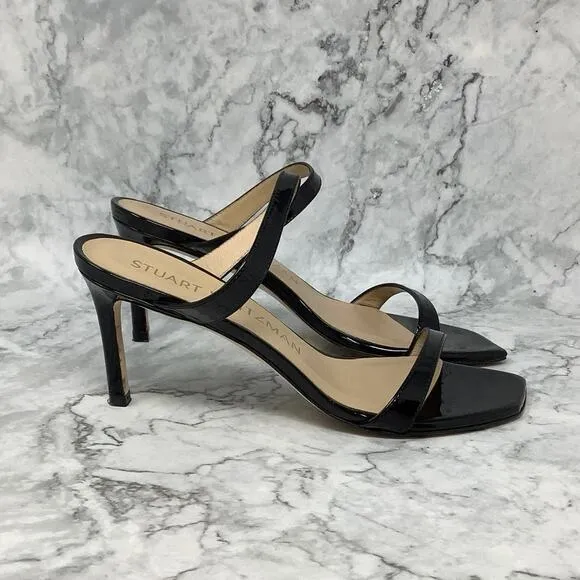 Stuart Weitzman Sz 8 Black Aleena 75 Patent Leather Stiletto Heel Sandals P23-11