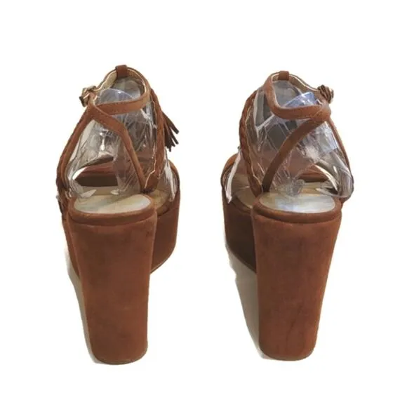 STUART WEITZMAN Tasselmania Fossil Suede Wedge Platform Brown Sandal Size 5