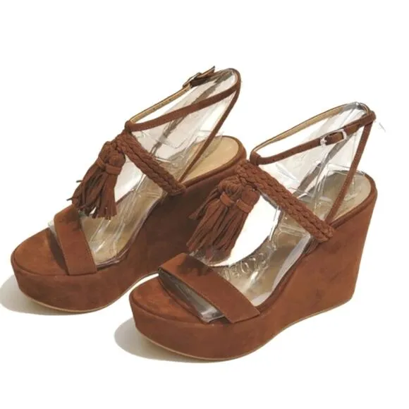 STUART WEITZMAN Tasselmania Fossil Suede Wedge Platform Brown Sandal Size 5
