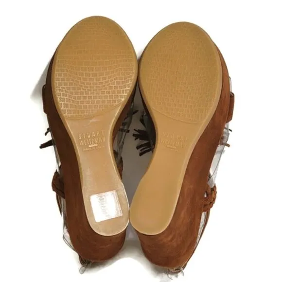 STUART WEITZMAN Tasselmania Fossil Suede Wedge Platform Brown Sandal Size 5