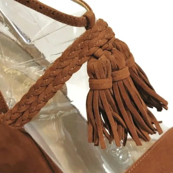 STUART WEITZMAN Tasselmania Fossil Suede Wedge Platform Brown Sandal Size 5
