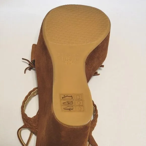 STUART WEITZMAN Tasselmania Fossil Suede Wedge Platform Brown Sandal Size 5