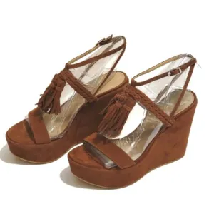 STUART WEITZMAN Tasselmania Fossil Suede Wedge Platform Brown Sandal Size 5