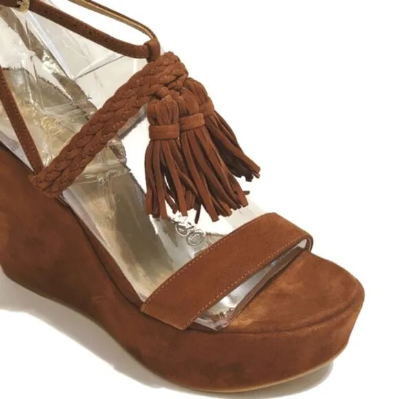 STUART WEITZMAN Tasselmania Fossil Suede Wedge Platform Brown Sandal Size 5