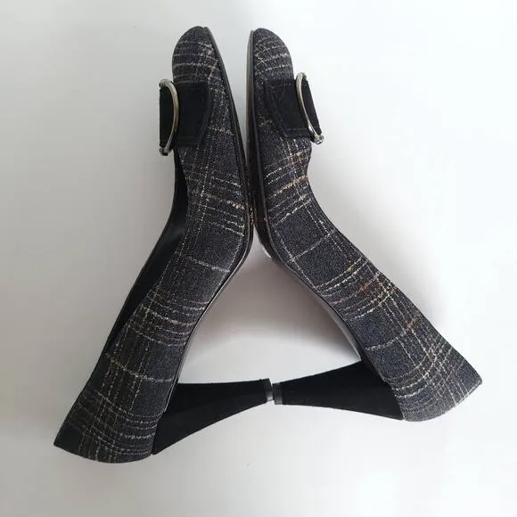 Stuart Weitzman Tattersall Flannel Buckleup Pump Shoes Gray Plaid Women 8.5N
