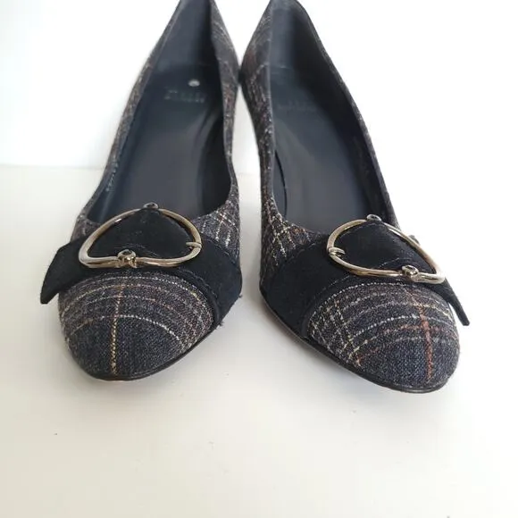 Stuart Weitzman Tattersall Flannel Buckleup Pump Shoes Gray Plaid Women 8.5N