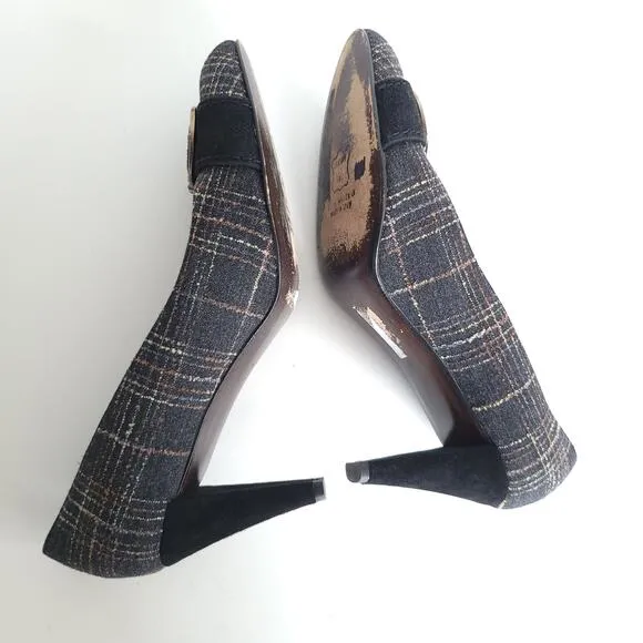 Stuart Weitzman Tattersall Flannel Buckleup Pump Shoes Gray Plaid Women 8.5N