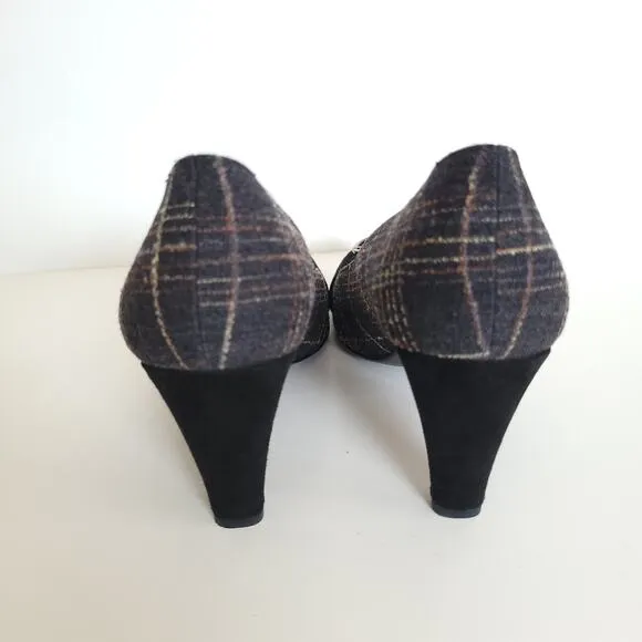 Stuart Weitzman Tattersall Flannel Buckleup Pump Shoes Gray Plaid Women 8.5N
