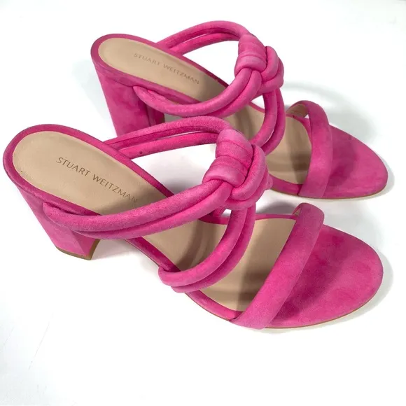 Stuart Weitzman Twist Knot 75 Block Heel Sandal 6B US Pink Peon NEW 36.5 EU