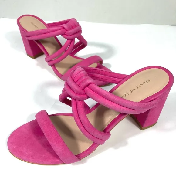 Stuart Weitzman Twist Knot 75 Block Heel Sandal 6B US Pink Peon NEW 36.5 EU