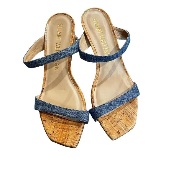 Stuart Weitzman Women's Aleena 50 Blue Denim Wedge Sandals Size 8.5