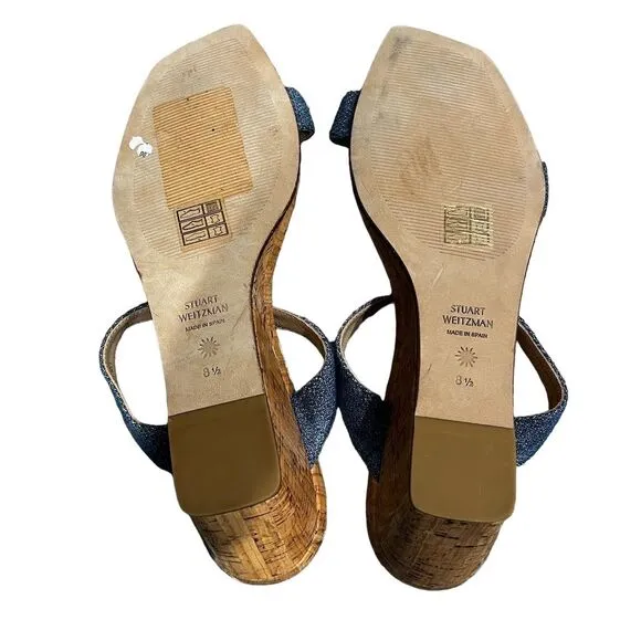 Stuart Weitzman Women's Aleena 50 Blue Denim Wedge Sandals Size 8.5