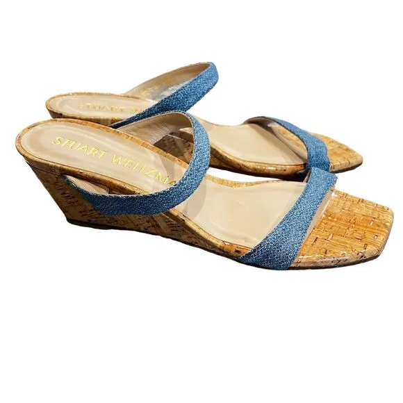 Stuart Weitzman Women's Aleena 50 Blue Denim Wedge Sandals Size 8.5