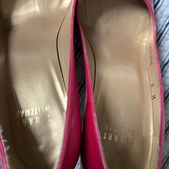 😊Stuart Weitzman Womens Metallic Pink Patent Leather Open Toe Pumps size…