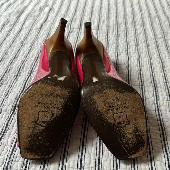 😊Stuart Weitzman Womens Metallic Pink Patent Leather Open Toe Pumps size…