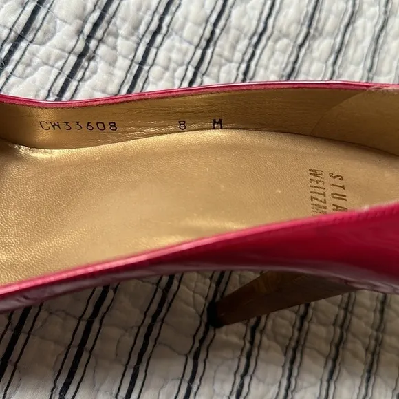 😊Stuart Weitzman Womens Metallic Pink Patent Leather Open Toe Pumps size…