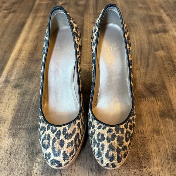 Stuart Weitzman Women’s Raffia Leopard Chetah Leather Cork Wedge Pumps Size 6