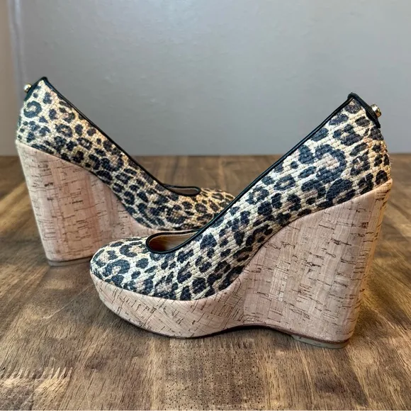 Stuart Weitzman Women’s Raffia Leopard Chetah Leather Cork Wedge Pumps Size 6