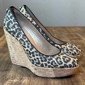 Stuart Weitzman Women’s Raffia Leopard Chetah Leather Cork Wedge Pumps Size 6