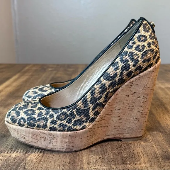 Stuart Weitzman Women’s Raffia Leopard Chetah Leather Cork Wedge Pumps Size 6