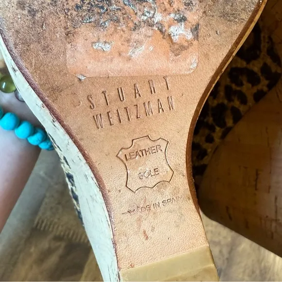 Stuart Weitzman Women’s Raffia Leopard Chetah Leather Cork Wedge Pumps Size 6