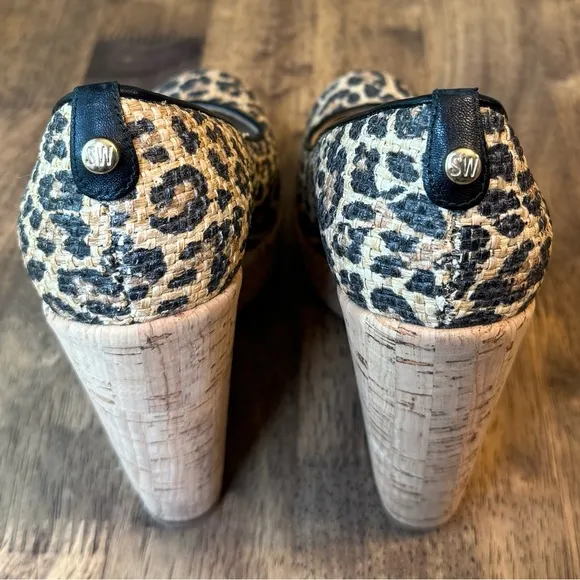 Stuart Weitzman Women’s Raffia Leopard Chetah Leather Cork Wedge Pumps Size 6