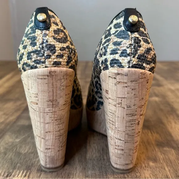 Stuart Weitzman Women’s Raffia Leopard Chetah Leather Cork Wedge Pumps Size 6