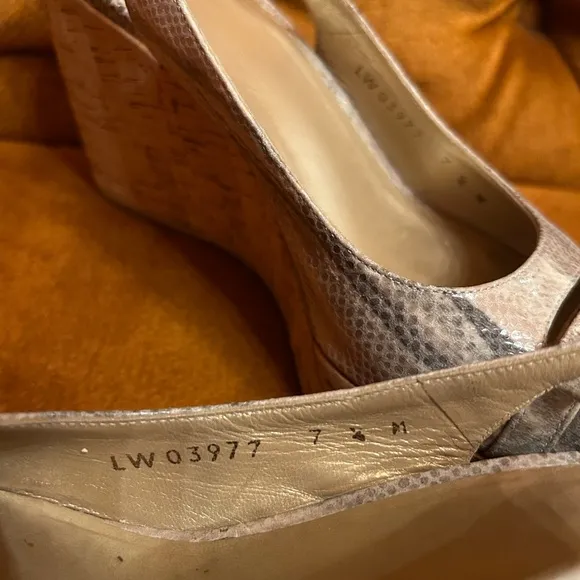 Stuart Weitzman Women's Snake Print Slingback Wedge Cork Sandals Peep Toe 7.5
