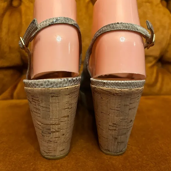 Stuart Weitzman Women's Snake Print Slingback Wedge Cork Sandals Peep Toe 7.5