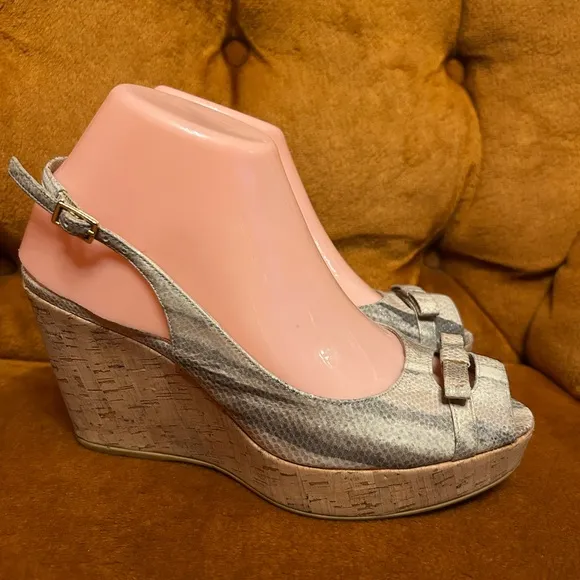 Stuart Weitzman Women's Snake Print Slingback Wedge Cork Sandals Peep Toe 7.5