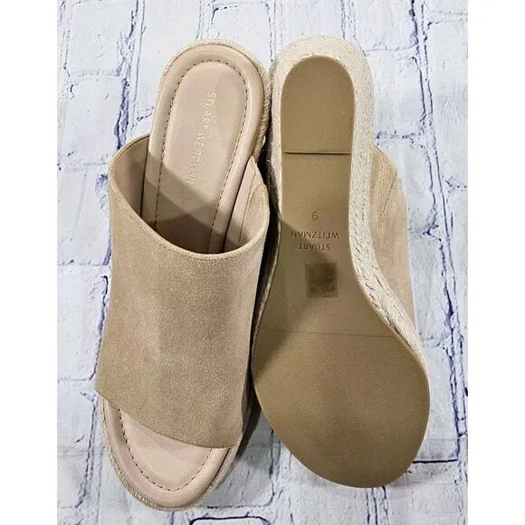 Stuart Weitzman WOMENS SZ 9 Marabella Beige Suede Espadrille Wedge Sandals