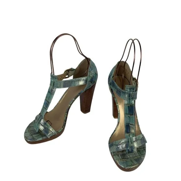 Stuart Weizman Iridescent Crocodile Leather Sandals Blue High Heel Buckle 9.5 M