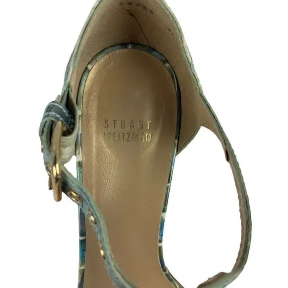 Stuart Weizman Iridescent Crocodile Leather Sandals Blue High Heel Buckle 9.5 M