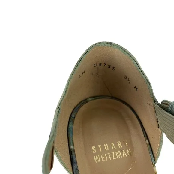 Stuart Weizman Iridescent Crocodile Leather Sandals Blue High Heel Buckle 9.5 M