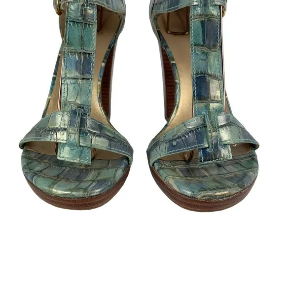 Stuart Weizman Iridescent Crocodile Leather Sandals Blue High Heel Buckle 9.5 M