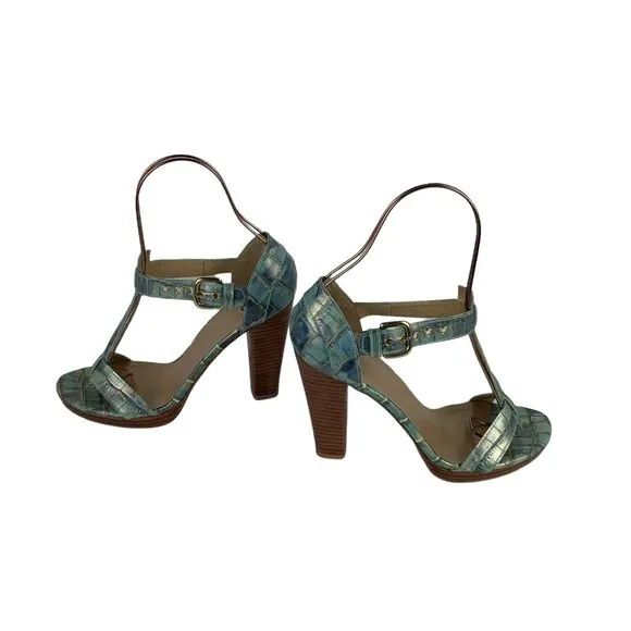 Stuart Weizman Iridescent Crocodile Leather Sandals Blue High Heel Buckle 9.5 M