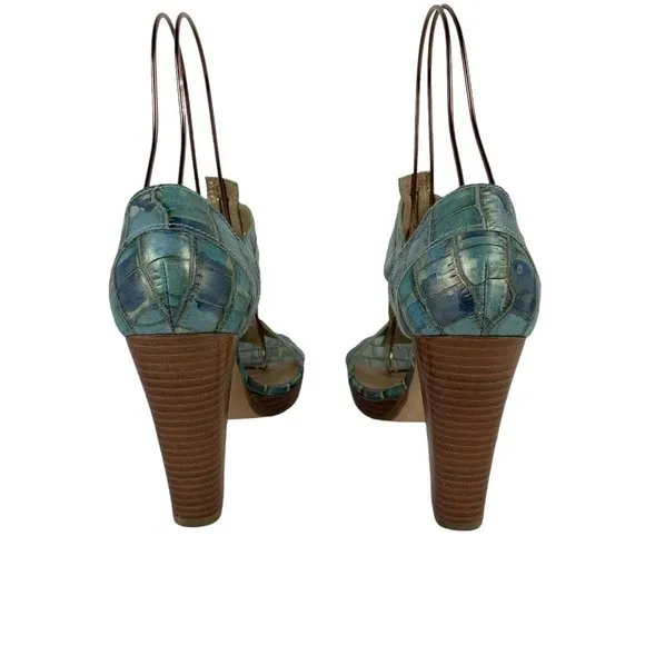 Stuart Weizman Iridescent Crocodile Leather Sandals Blue High Heel Buckle 9.5 M