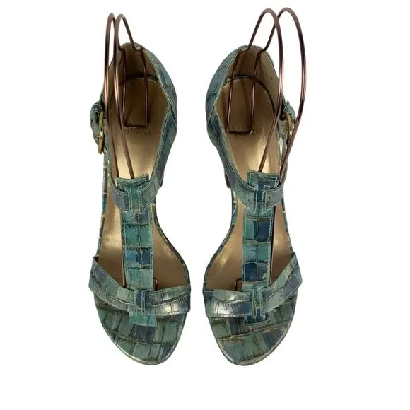 Stuart Weizman Iridescent Crocodile Leather Sandals Blue High Heel Buckle 9.5 M