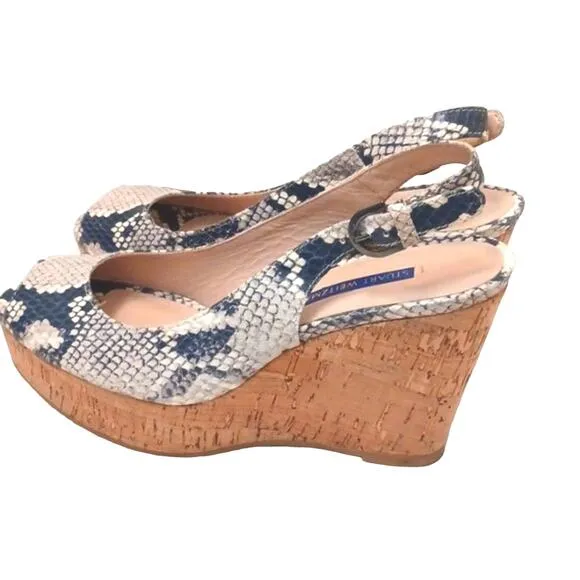Stuart Weizmann Womens Heels Sz 6.5 GRAY Jean Wedge Shoes Roccia Snakeskin Cork