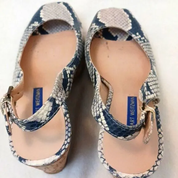 Stuart Weizmann Womens Heels Sz 6.5 GRAY Jean Wedge Shoes Roccia Snakeskin Cork