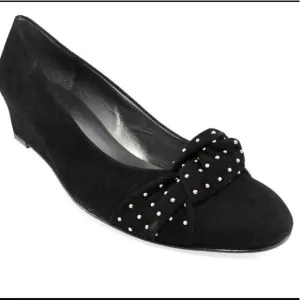 Stuart Weitzman Black Dotsun Suede Bow Low Wedge Heels Shoes Black 7