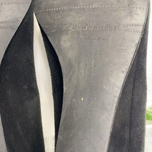 Stuart Weitzman Black Dotsun Suede Bow Low Wedge Heels Shoes Black 7