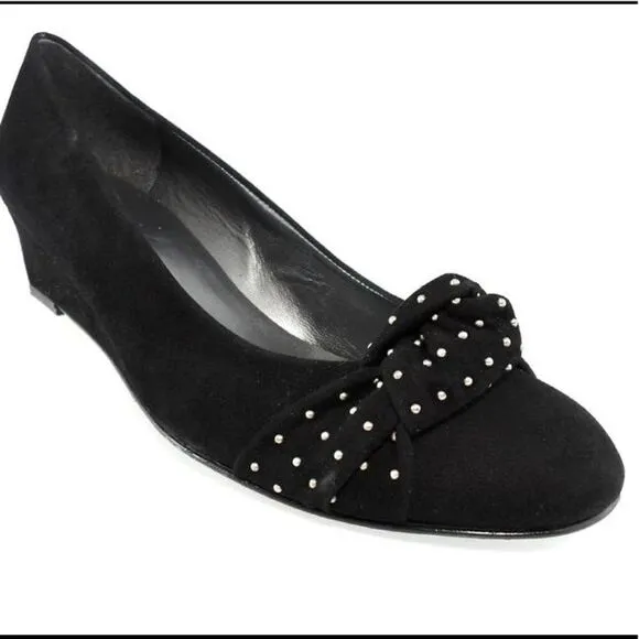 Stuart Weitzman Black Dotsun Suede Bow Low Wedge Heels Shoes Black 7