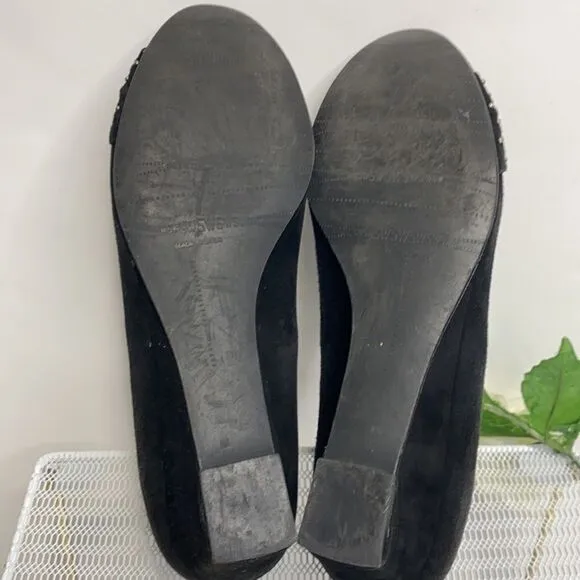 Stuart Weitzman Black Dotsun Suede Bow Low Wedge Heels Shoes Black 7