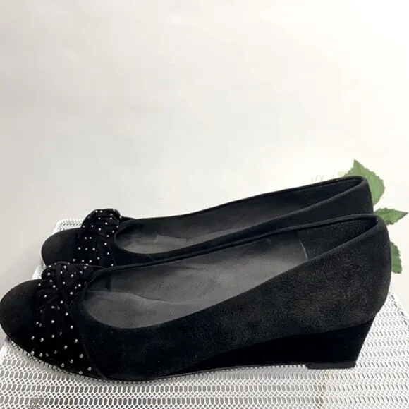 Stuart Weitzman Black Dotsun Suede Bow Low Wedge Heels Shoes Black 7